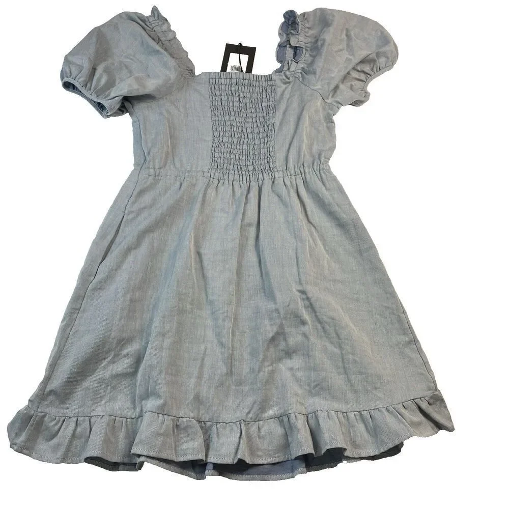 Who What Wear Women's Dress Small Chambray Twill Puff Sleeve Mini Ruffle Hem NWT